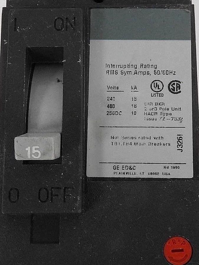 Used GENERAL ELECTRIC TEB122015 CIRCUIT BREAKER 15AMP 2POLE 240VAC