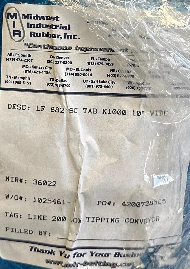 Used MIDWEST INDUSTRIAL RUBBER LF882SCTAB-K1000 TableTop CHAIN 10'' WIDE 10FT NSNP