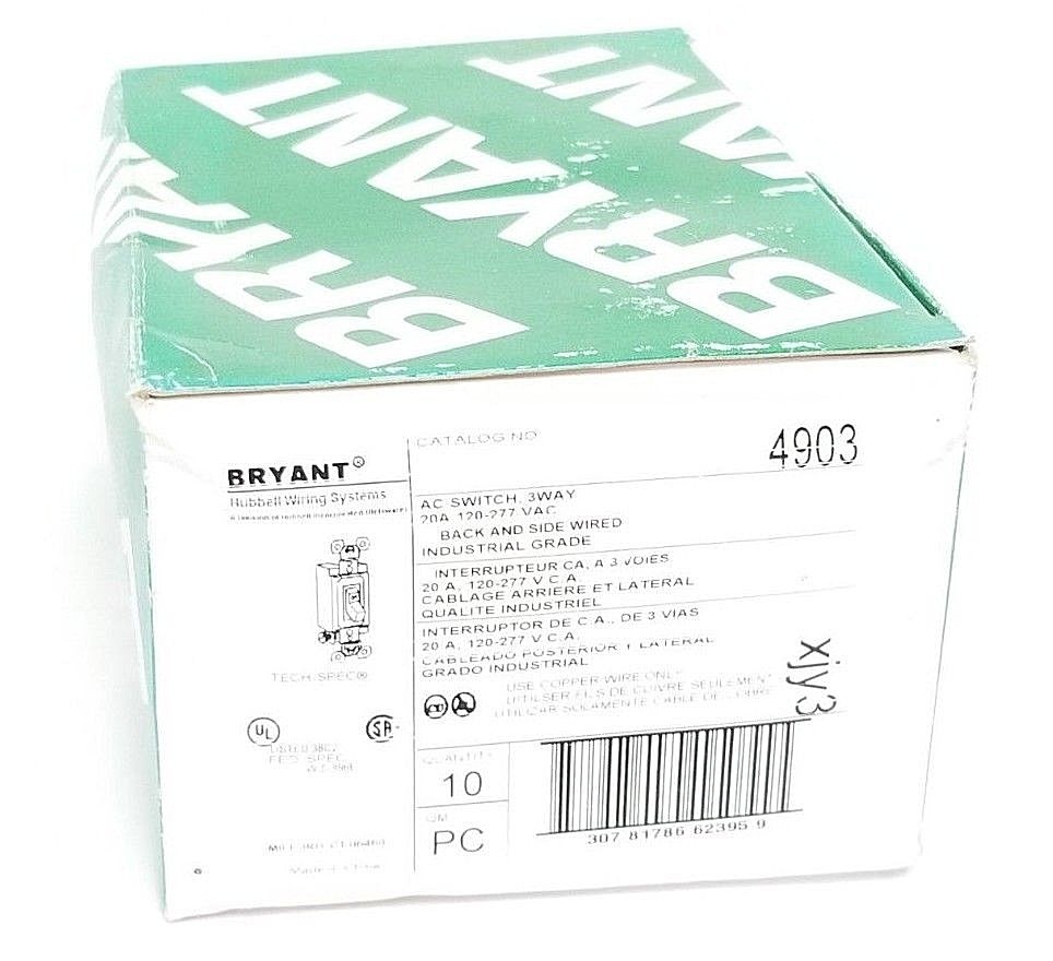 BOX OF 10 NEW BRYANT 4903 3-WAY AC SWITCHES 20A 120-277VAC