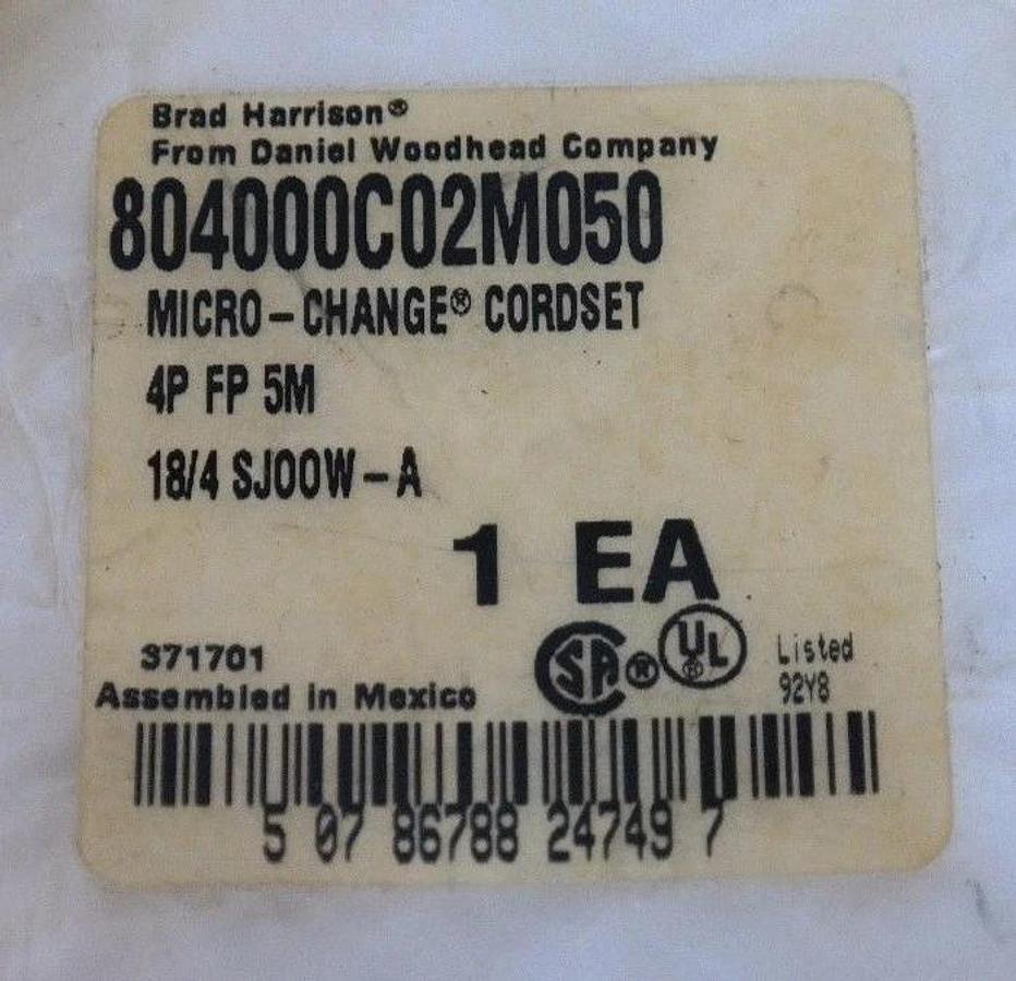 NEW BRAD HARRISON 804000C02M050 MICRO-CHANGE CORDSET 4P FP 5M 18/4 SJOOW-A