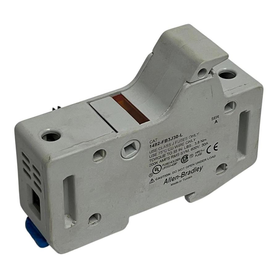 Used Allen-Bradley 1492-FB3J30-L Class J 30A Fuse Holder 600V DIN Blown Indication