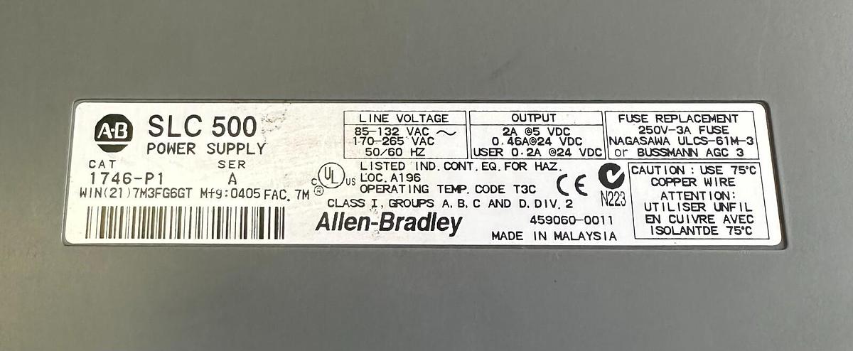 Used ALLEN BRADLEY 1746-P1 /A SLC 500 POWER SUPPLY W/ 1746-A7 /B SLC 7-SLOT RACK