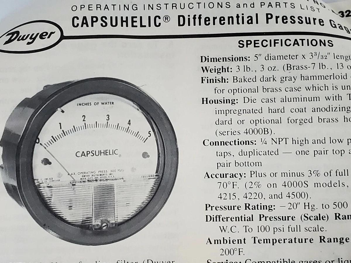 NIB DWYER MODEL 4330 CAPSUHELIC PRESSURE GAGE, 15-0-15" INCHES OF WATER, 500PSIG