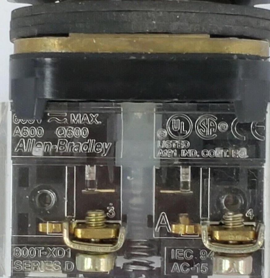 Used ALLEN BRADLEY 800T-A PUSHBUTTON SER. T W/ 800T-XD1 SER. D CONTACT BLOCK W/ PLATE