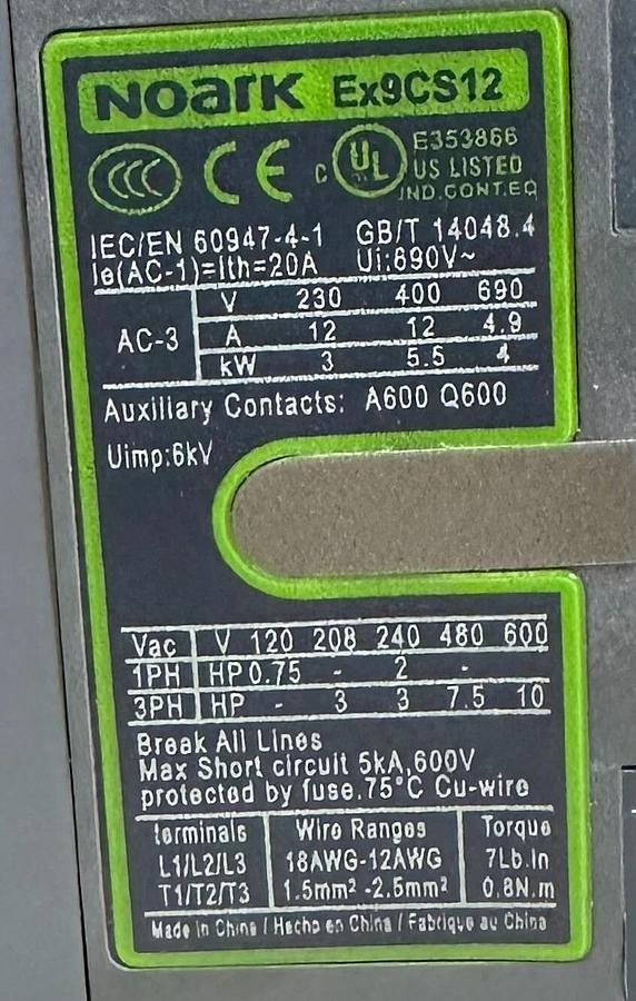 Used NOARK Ex9S32A1.6A / Ex9S32A16A MANUAL MOTOR STARTER Ex9CS12 Ex9S32 Ex9CS12D10