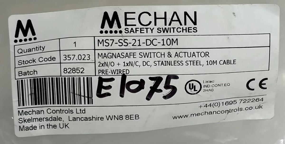 Mechan Controls MS7-SS-21-DC-10M Safety Switch 357.023 Open Box Missing Actuator