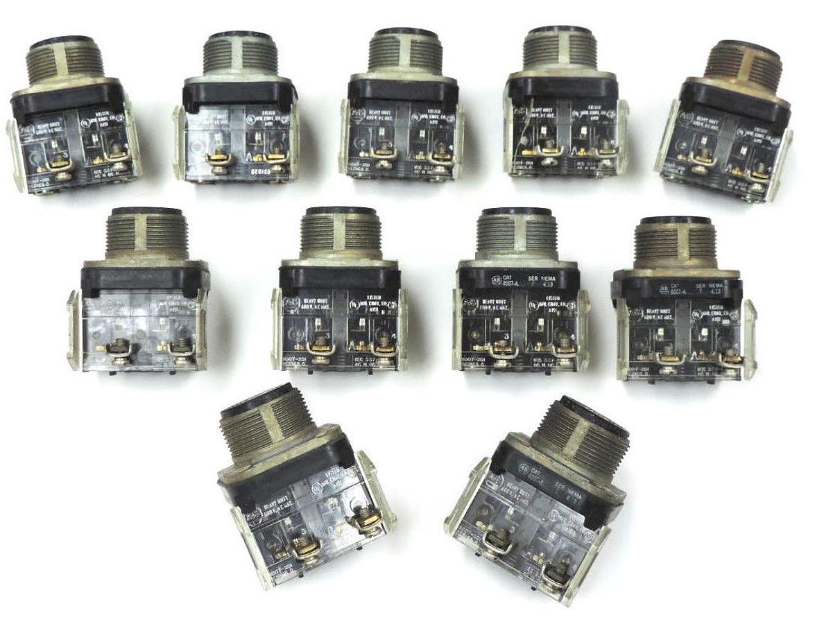 Used LOT OF 11 ALLEN BRADLEY 800T-A PUSHBUTTONS SER. T W/ 800T-XD1 CONTACTS SER. C