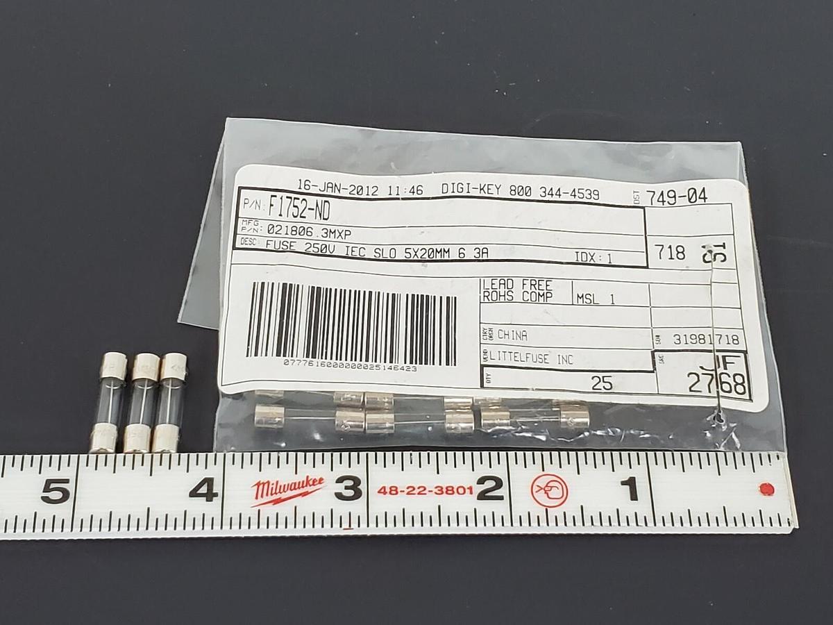 Used LOT OF 11 NEW LITTELFUSE F1752-ND FUSES 250V IEC SLO 5X20MM 6.3A