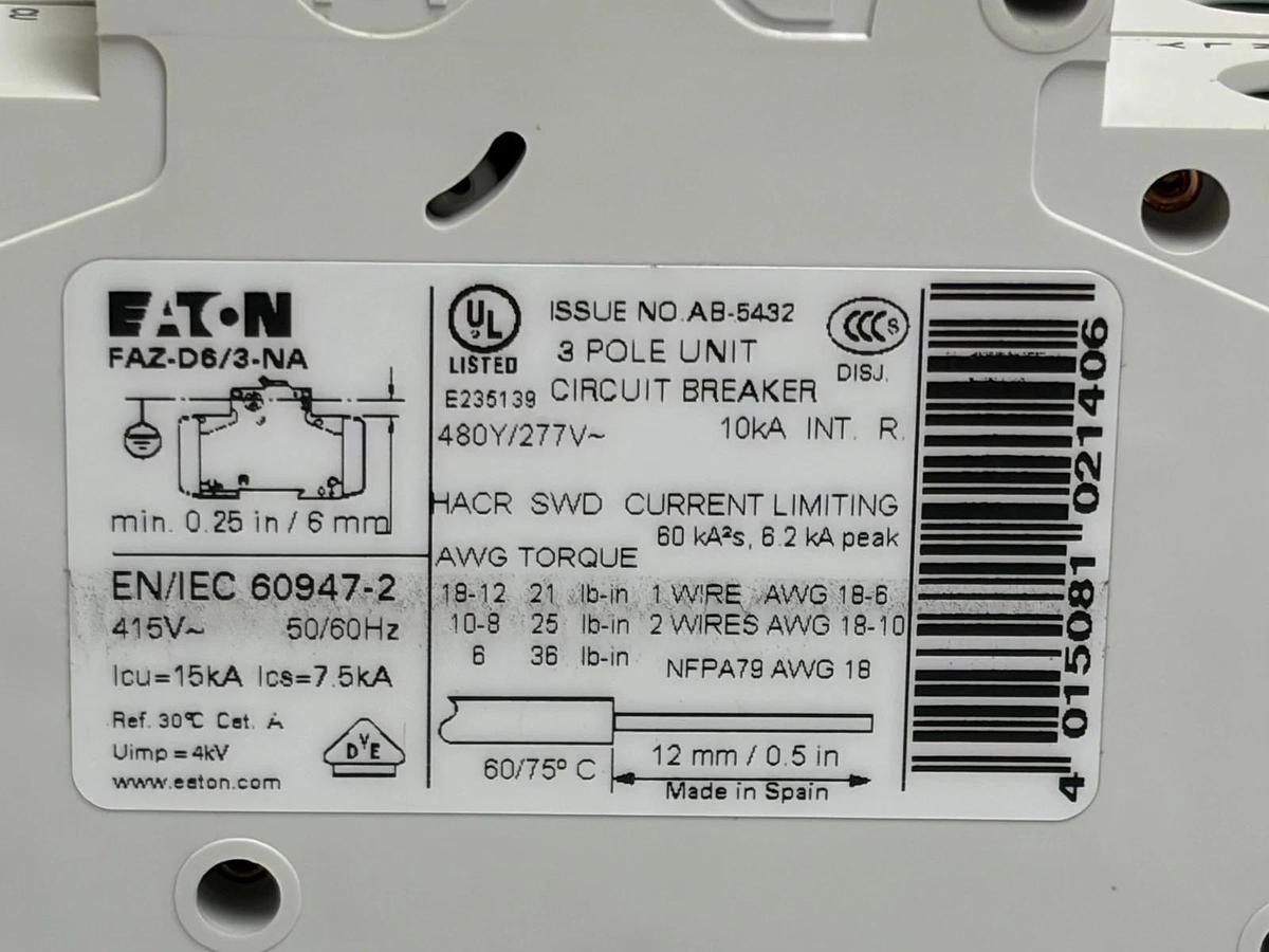 Eaton FAZ-D6/3-NA Moeller xEffect 3 Pole 6A D Curve Circuit Breaker UL 489 New