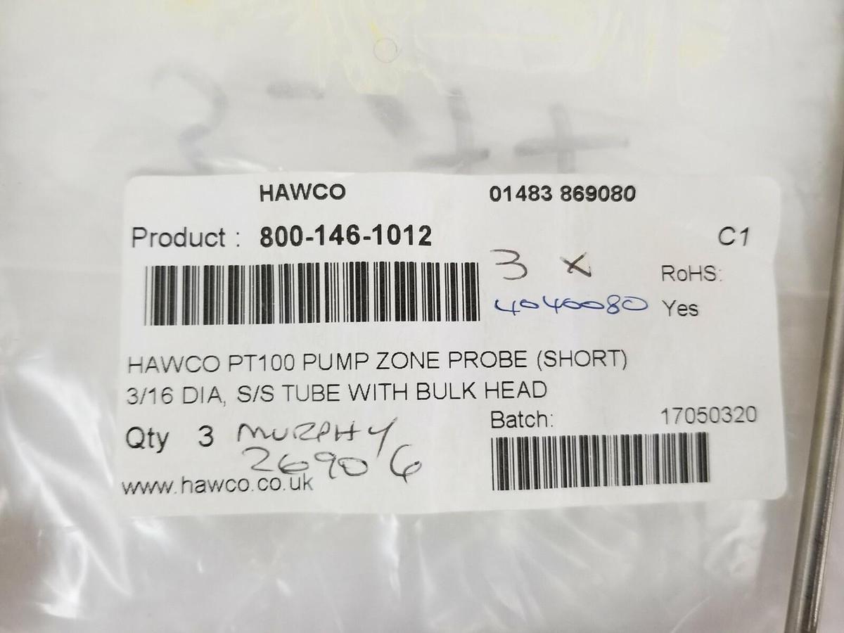 LOT OF 3 NEW IN BAG HAWCO PT100 PUMP ZONE PROBES 3/16 DIA. S/S TUBE W/ BULKHEAD