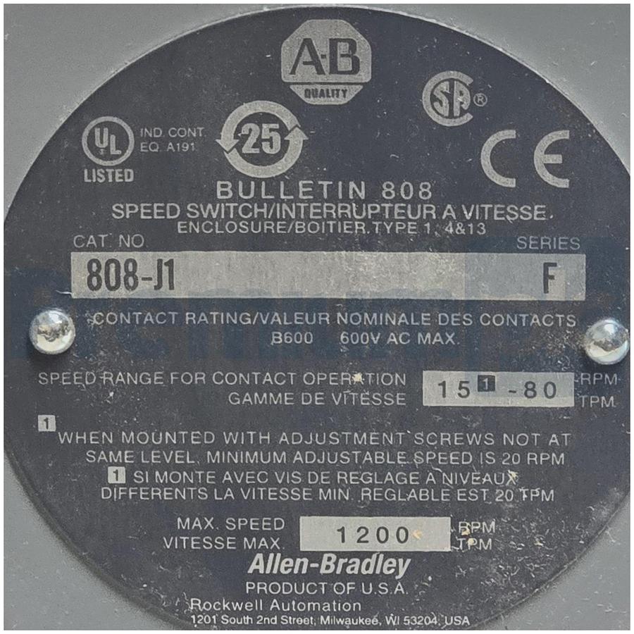 Used Allen Bradley 808-J1 /F Low Speed 808 Speed Switch Style-J 15-80 RPM 808J1 NSMP