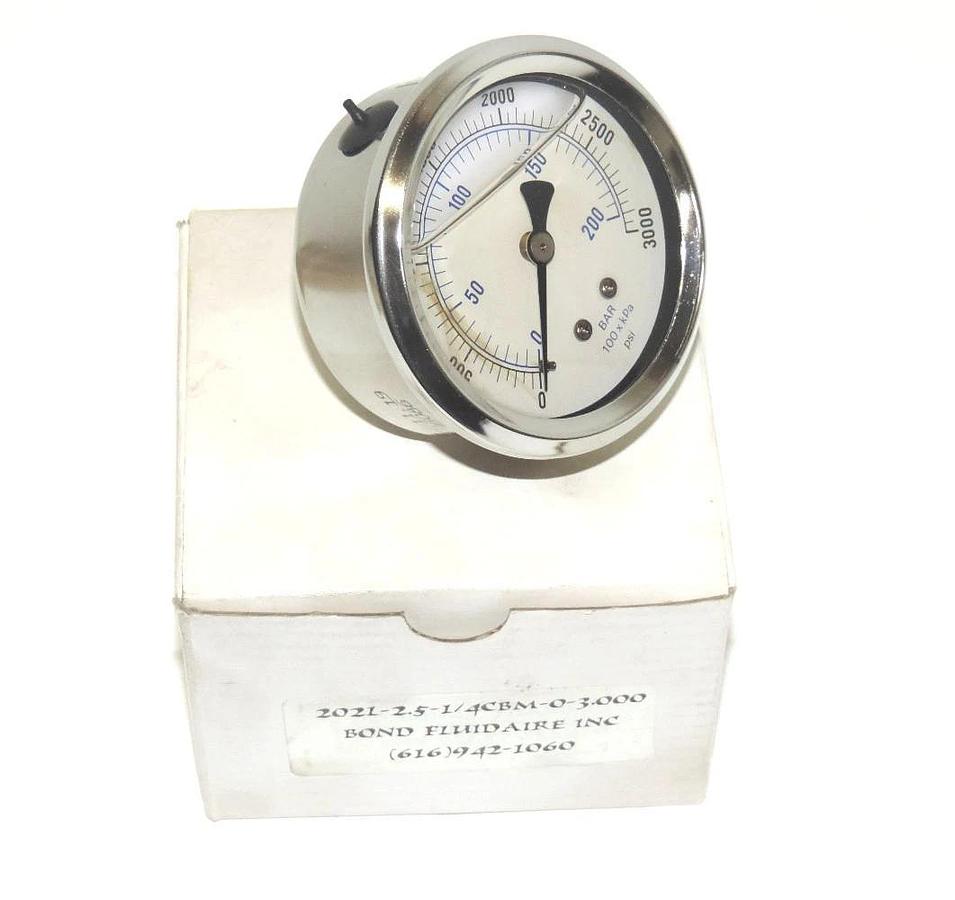 Used NEW WICA / BOND FLUIDAIRE INC 202L-2.5-1/4CBM-0-3000 PRESSURE GAUGE 202L
