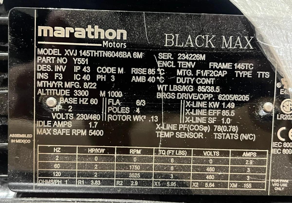 Marathon Black Max 2HP Inverter Duty Motor 145THTN6046 / Y551 3PH 1750RPM 145TC