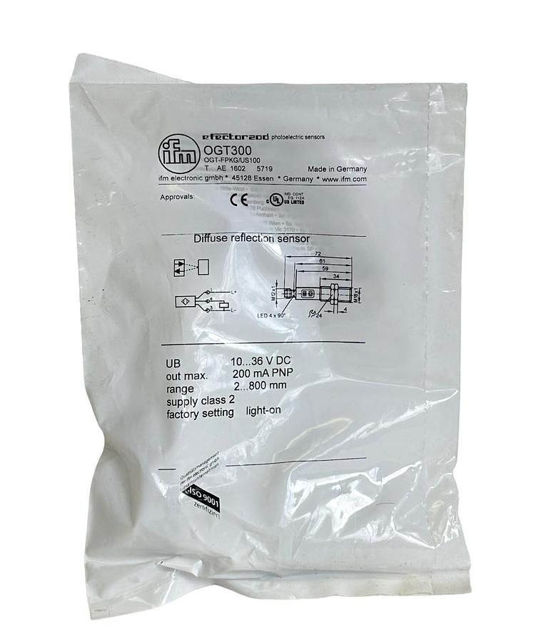 Used NEW IFM EFECTOR OGT-FPKG/US100 / OGT300 DIFFUSE REFLECTION SENSOR 10-36VDC 200mA