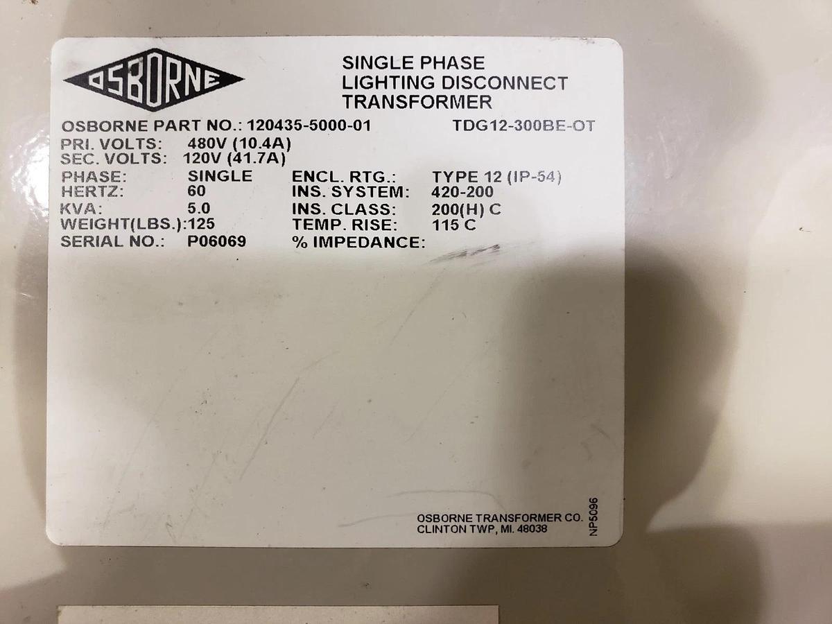 Used OSBORNE 120435-5000-01 LIGHTING DISCONNECT TRANSFORMER TDG12-300BE-OT 120-480V