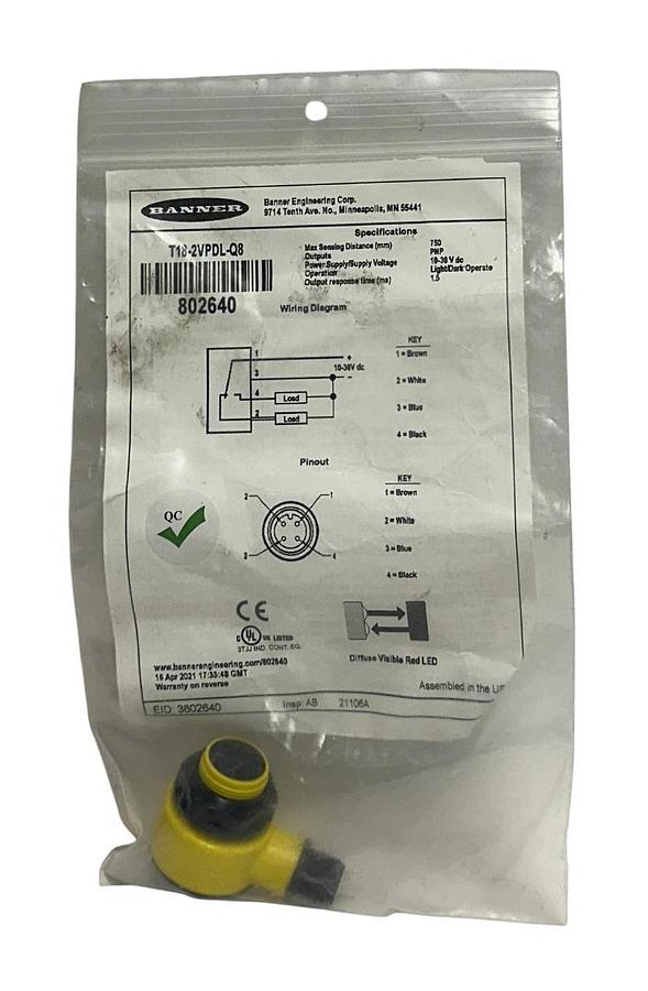 BANNER T18-2VPDL-Q8 / 802640 WASHDOWN PHOTOELECTRIC SENSOR T18-2 SERIES PNP NSMP