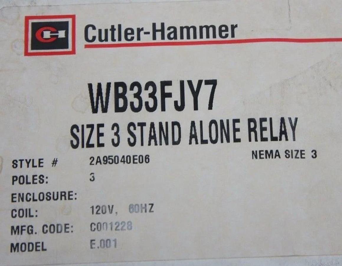 NEW CUTLER HAMMER WB33FJY7 SIZE 3 STAND ALONE RELAY 2A95040E06 MODEL: E.001