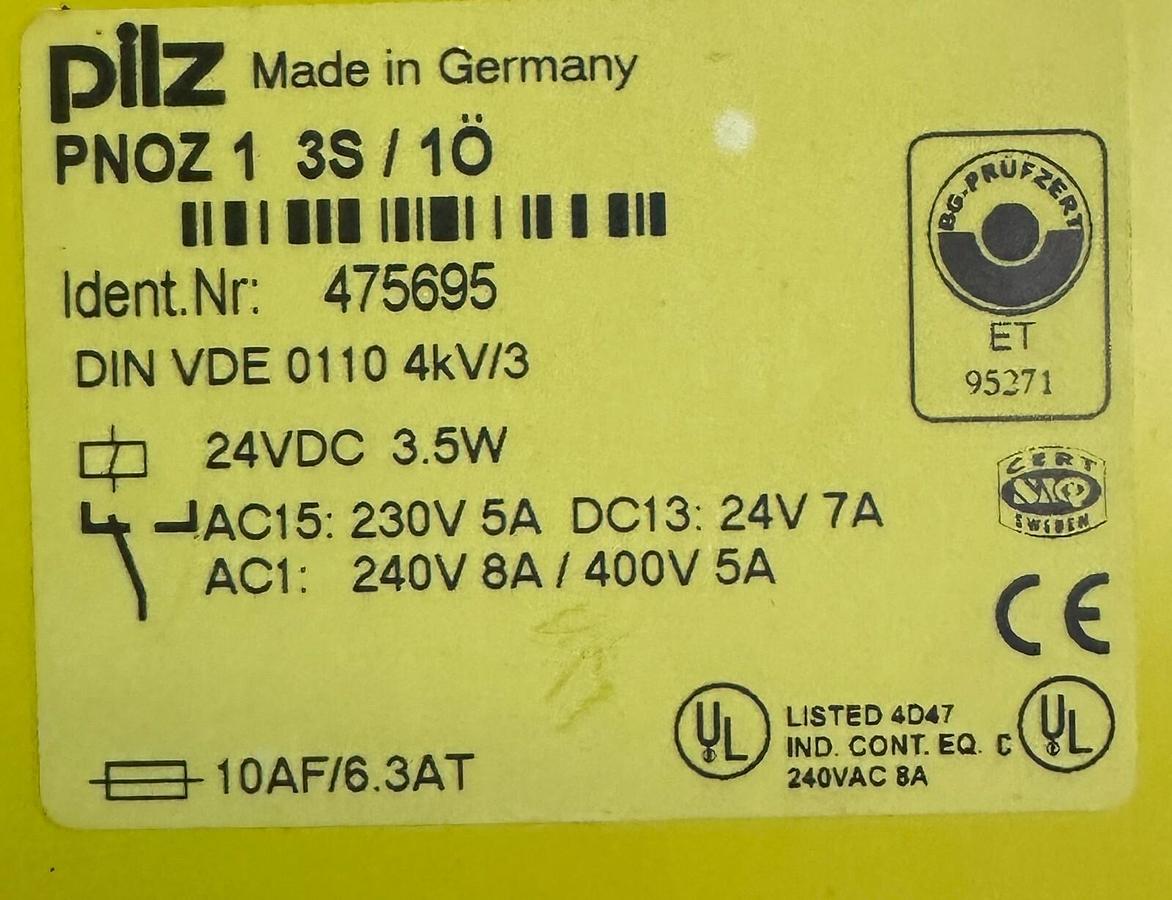 Used PILZ PNOZ 1 3S/1Ö / PNOZ13S1O SAFETY RELAY 24Vdc 3.5W DIN VDE 475695