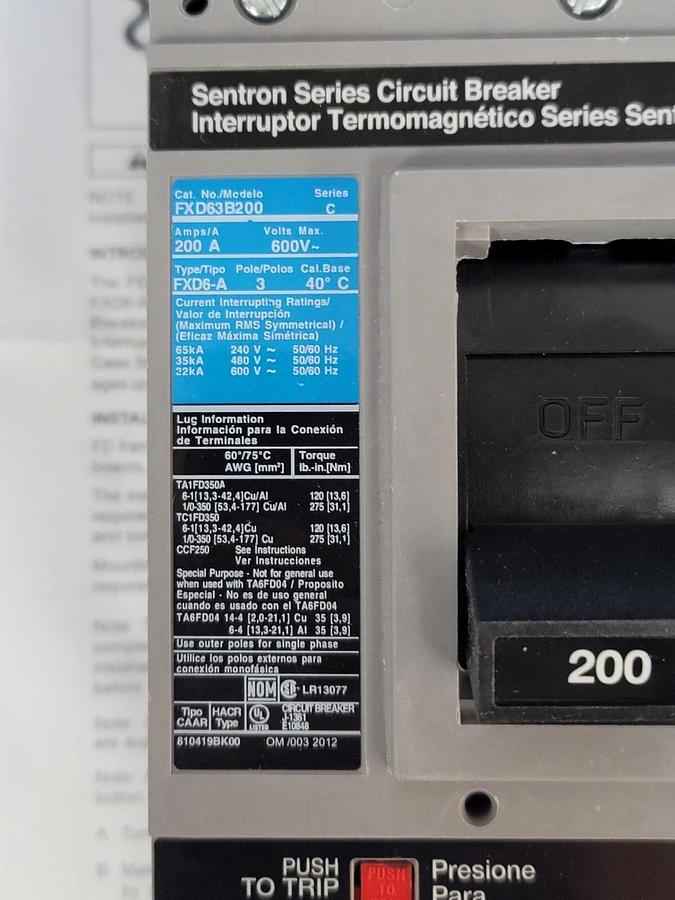 Used NIB SIEMENS FXD63B200L SENTRON MOLDED CASE CIRCUIT BREAKER 3P 200A 600V