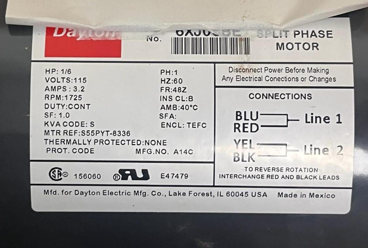 Used Dayton 6XJ06BE General Purpose Motor | 1/6 HP, 1725 RPM, 115V, 48Z Frame, 6XJ06