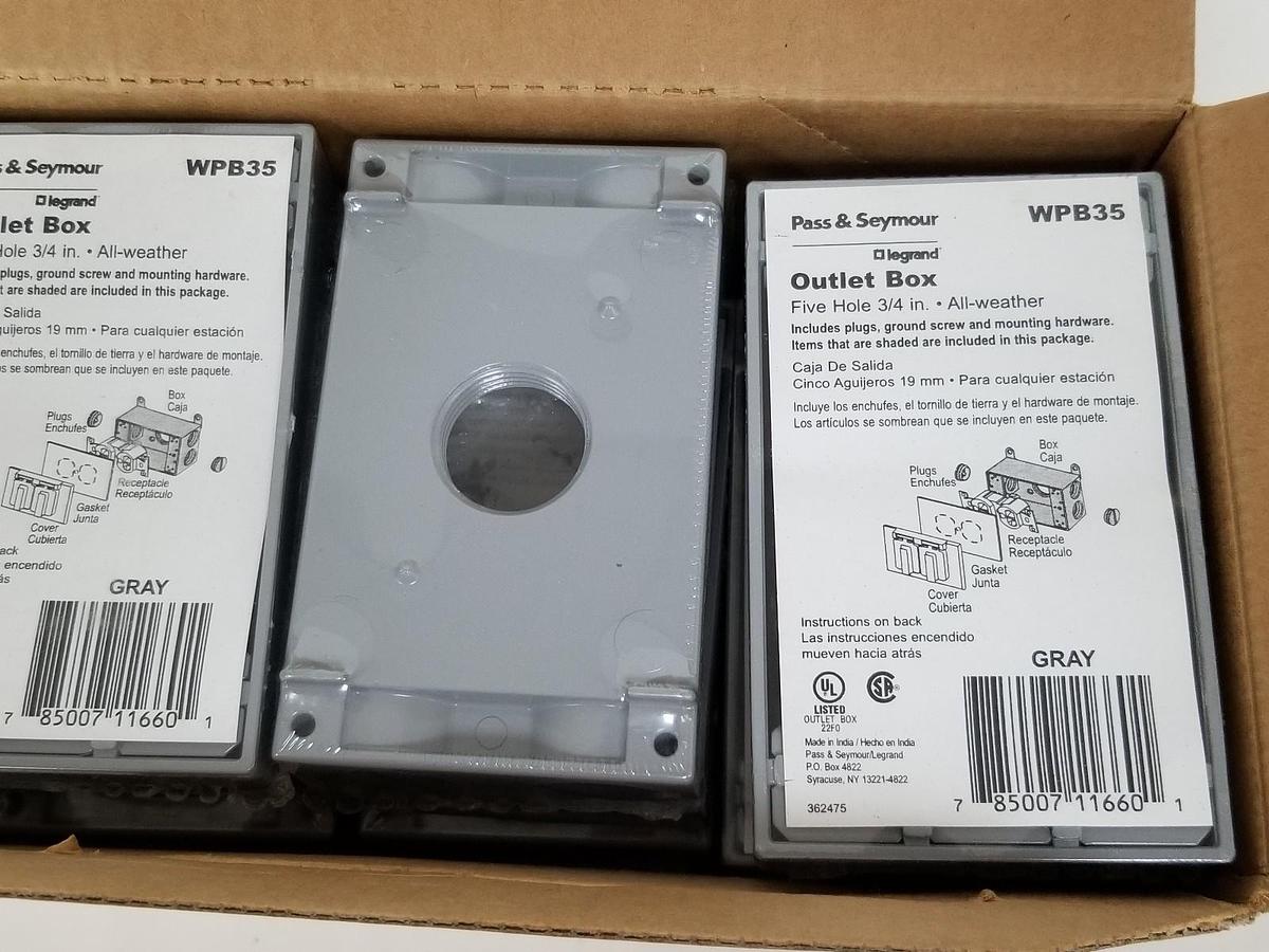 BOX OF 12 NEW PASS & SEYMOUR WPB35 ALL-WEATHER OUTLET BOXES, FIVE-HOLE, 3/4"
