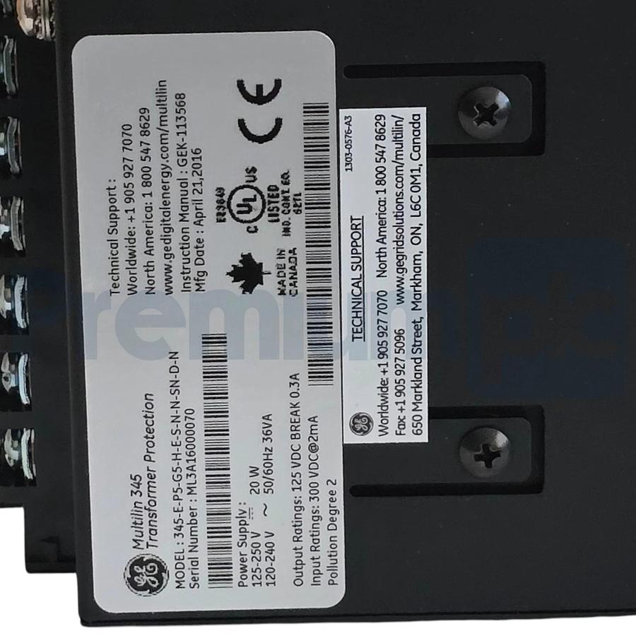 GE MULTILIN 345 TRANSFORMER PROTECTION SYSTEM RELAY 345-E-P5-G5-H-E-S-N-N-SN-D-N