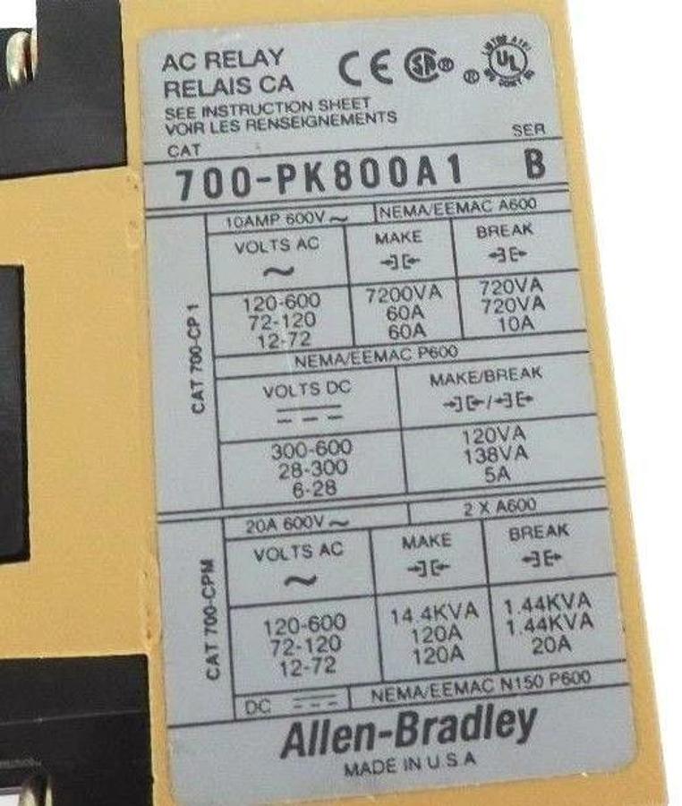 Used ALLEN BRADLEY 700-PK800A1 CONTROL RELAY SER B 700PK800A1