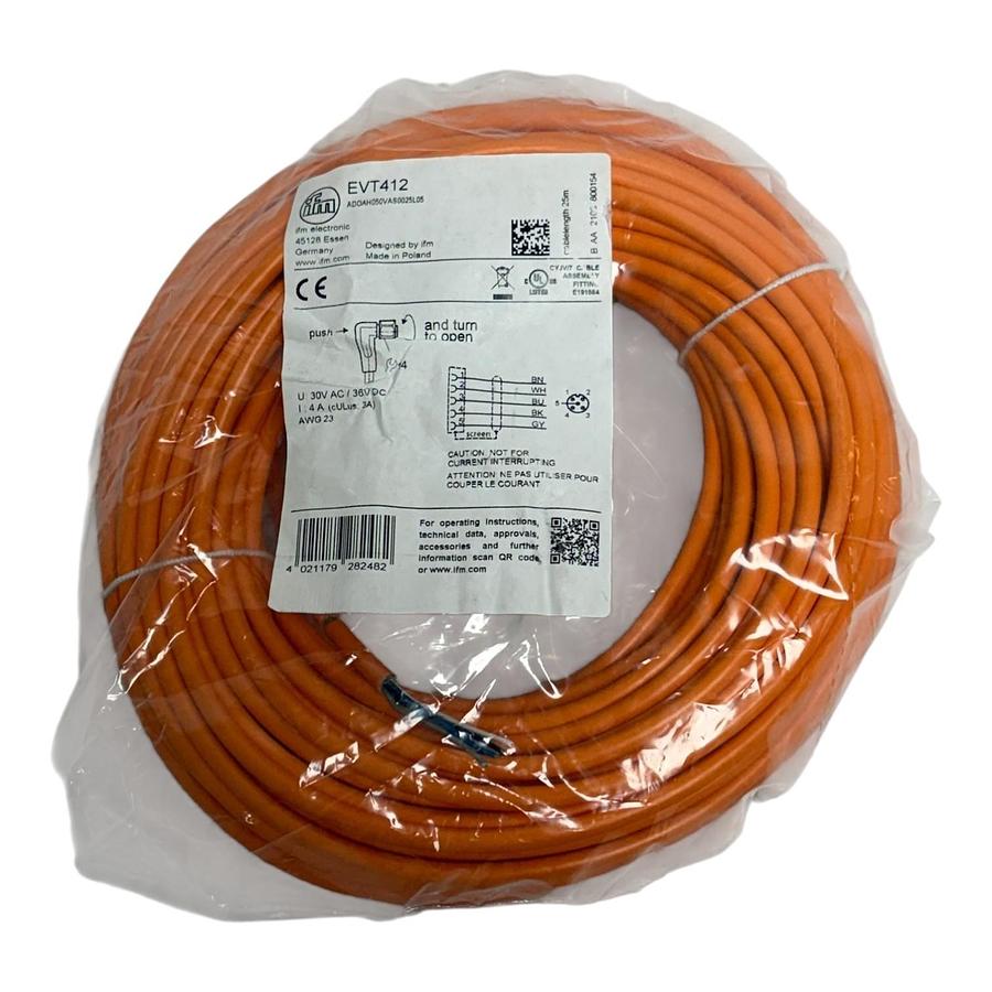 ifm electronic EVT412 M12 Female 5-Pin 25m Shielded Orange Sensor Cable New