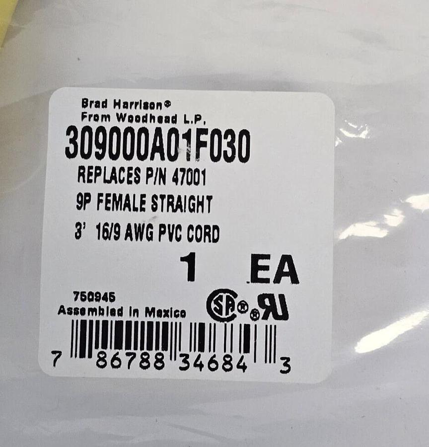Used NEW BRAD HARRISON WOODHEAD 309000A01F030 9P FEMALE STRAIGHT CORDSET 3'