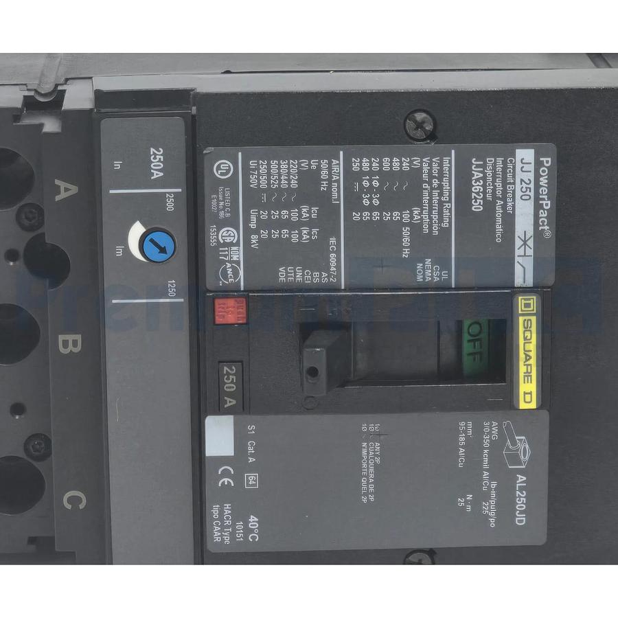 SQUARE D JJA36250 PowerPact JJ 250 CIRCUIT BREAKER 250A, 3-POLE, 600VAC NSNP