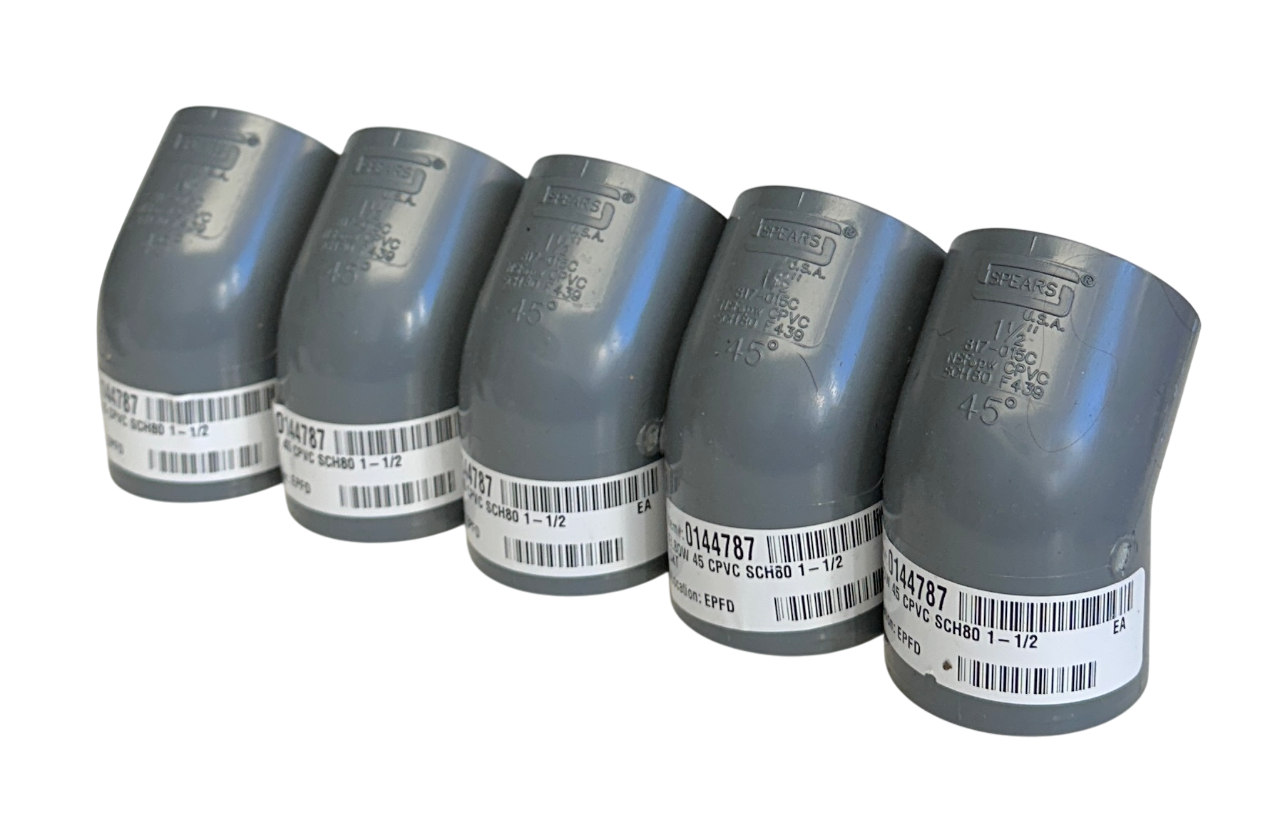 Used 5 SPEARS 817-015C / 817015C CPVC 45 DEGREE ELBOWS 1-1/2'' SCH80 GRAY NSNP