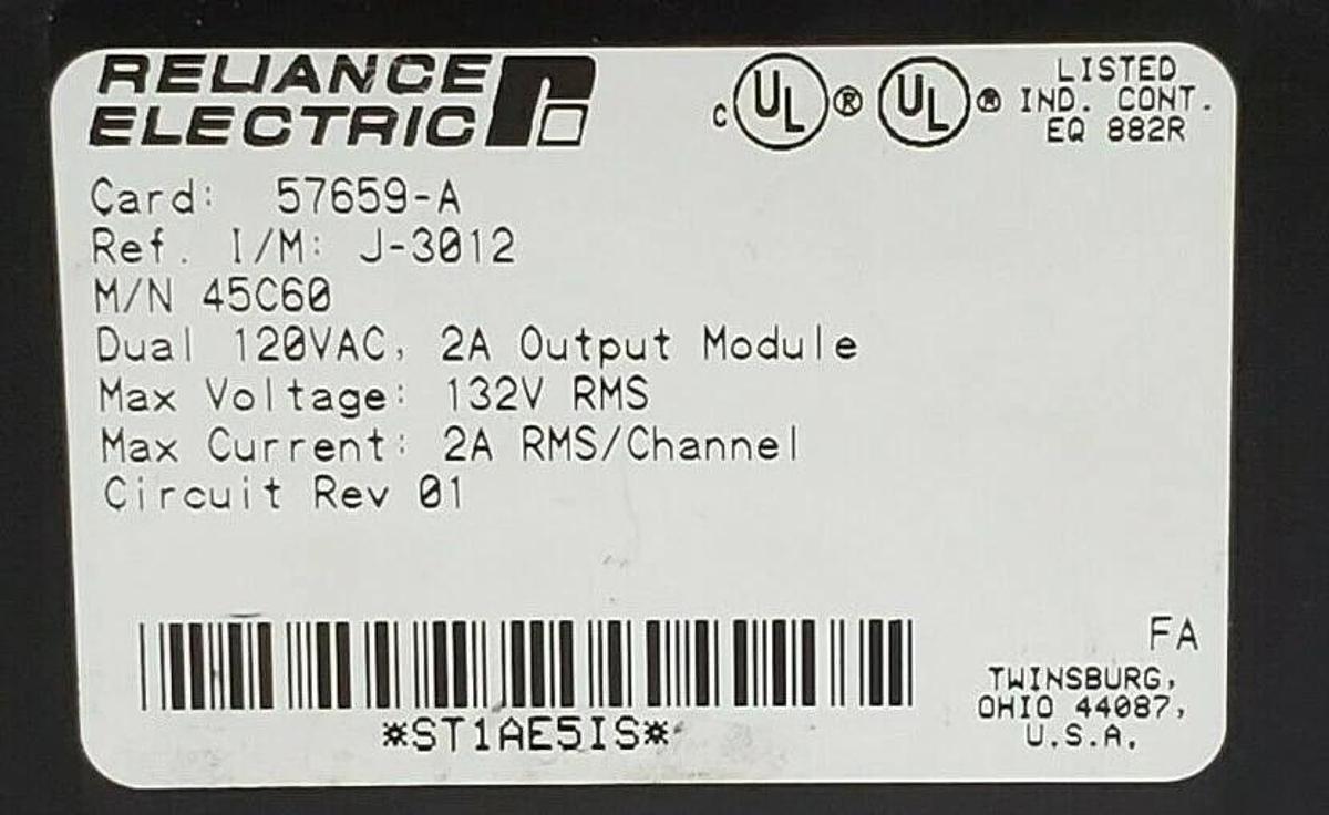 Used RELIANCE ELECTRIC 57659-A PROGRAMMABLE CONTROLLER OUTPUT MODULE 45C60