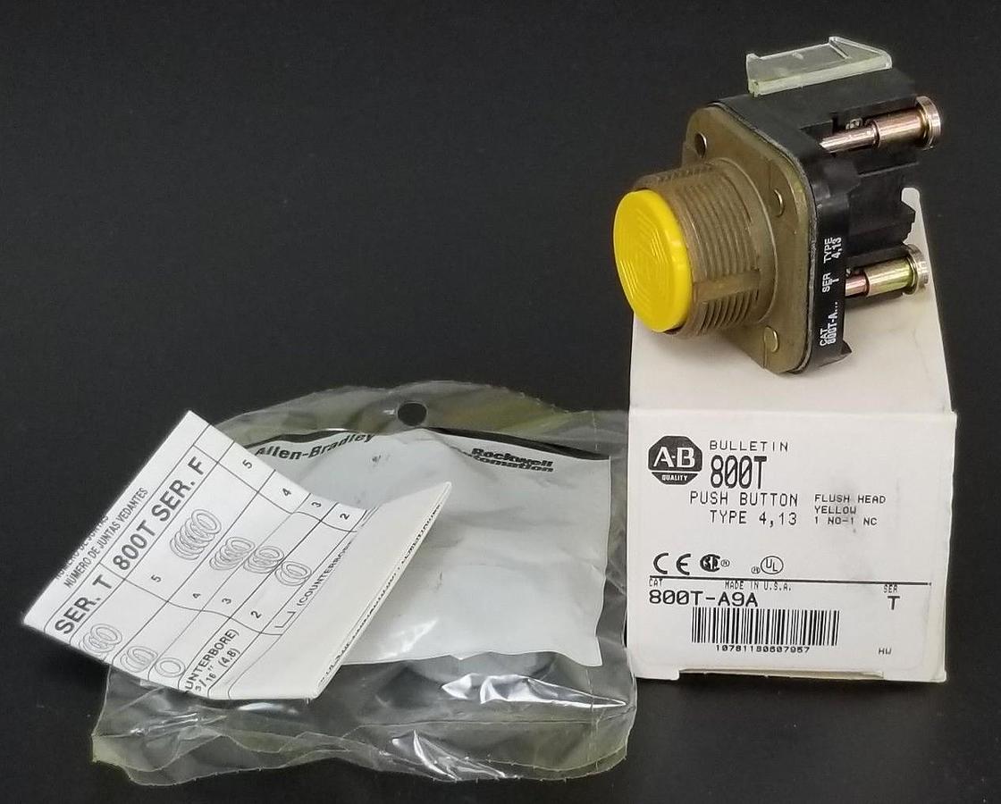Used NIB ALLEN BRADLEY 800T-A9A YELLOW PUSH BUTTON SWITCH, TYPE 4,13, SER T, 800TA9A