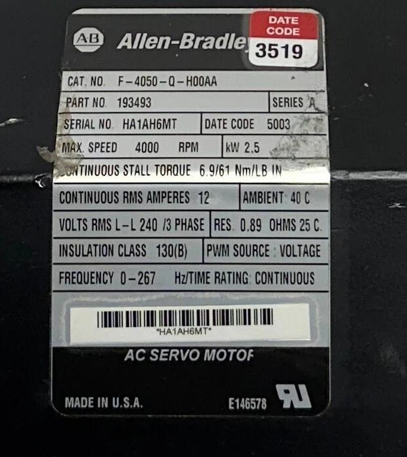 Refurbished ALLEN BRADLEY F-4050-Q-H00AA /A ULTRA SERIES AC SERVO MOTOR 193493 2.5kW REMAN