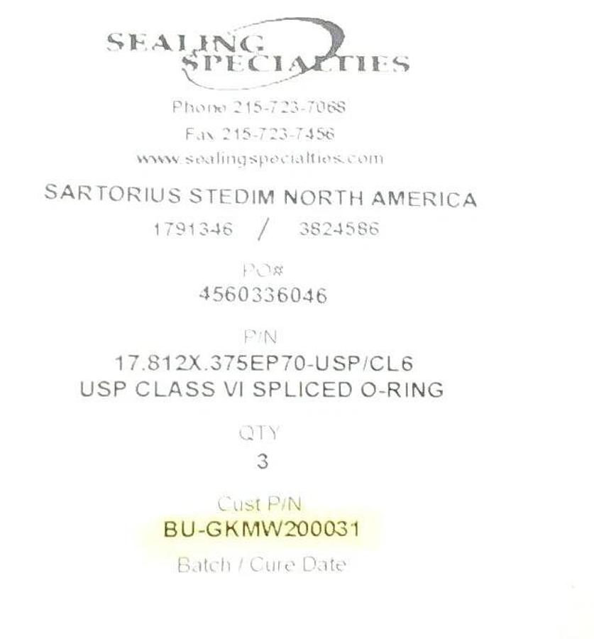 LOT OF 3 NEW SARTORIUS BU-GKMW200031 SPLICED O-RINGS 17.812 X .375 EP70-USP/CL6