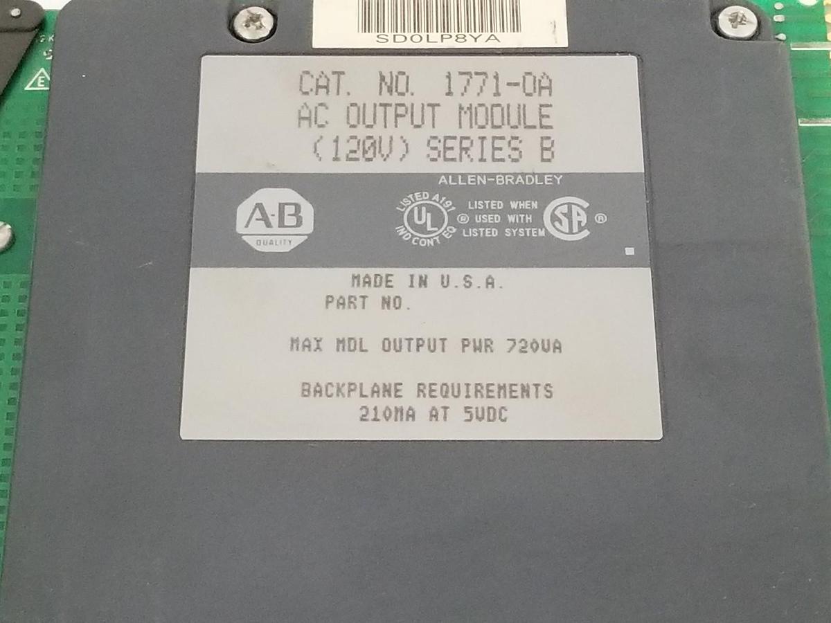 Used ALLEN BRADLEY 1771-OA OUTPUT MODULE (120V) AC SER. B 720VA 1771-0A W/ 1771-WA