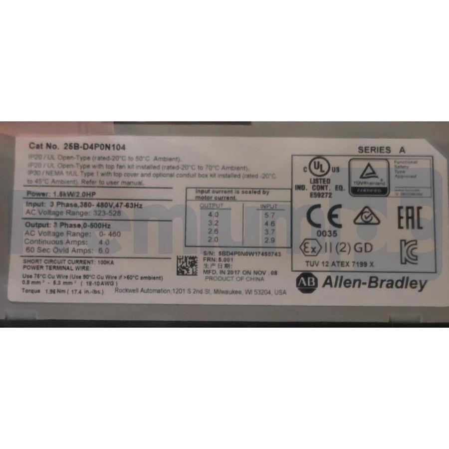 Allen Bradley 25B-D4P0N104 /A PowerFlex 525 AC Drive 2HP 480V 3PH FRN 5.001 NSMP 884951885882
