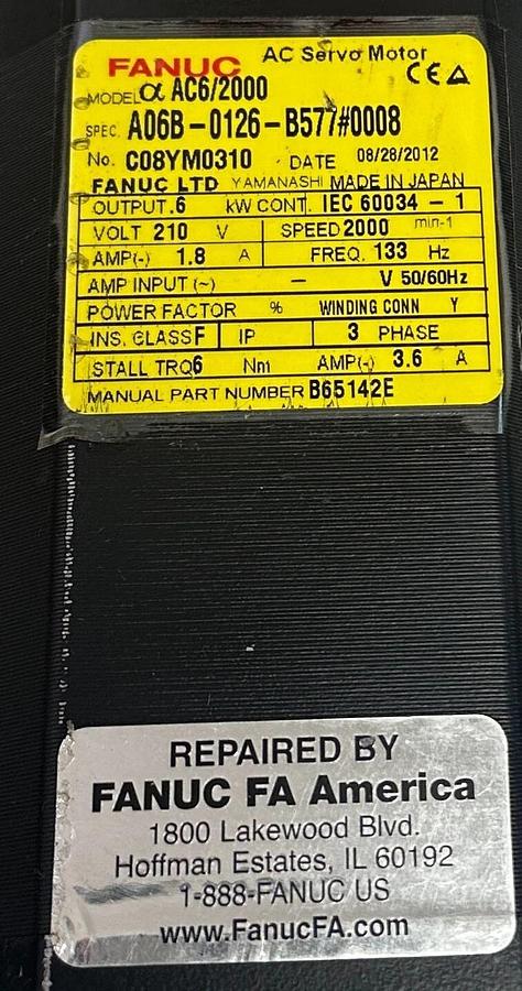 Refurbished FANUC A06B-0126-B577#0008 / A06B0126B5770008 AC SERVO MOTOR aC6/2000 0.6kW REP