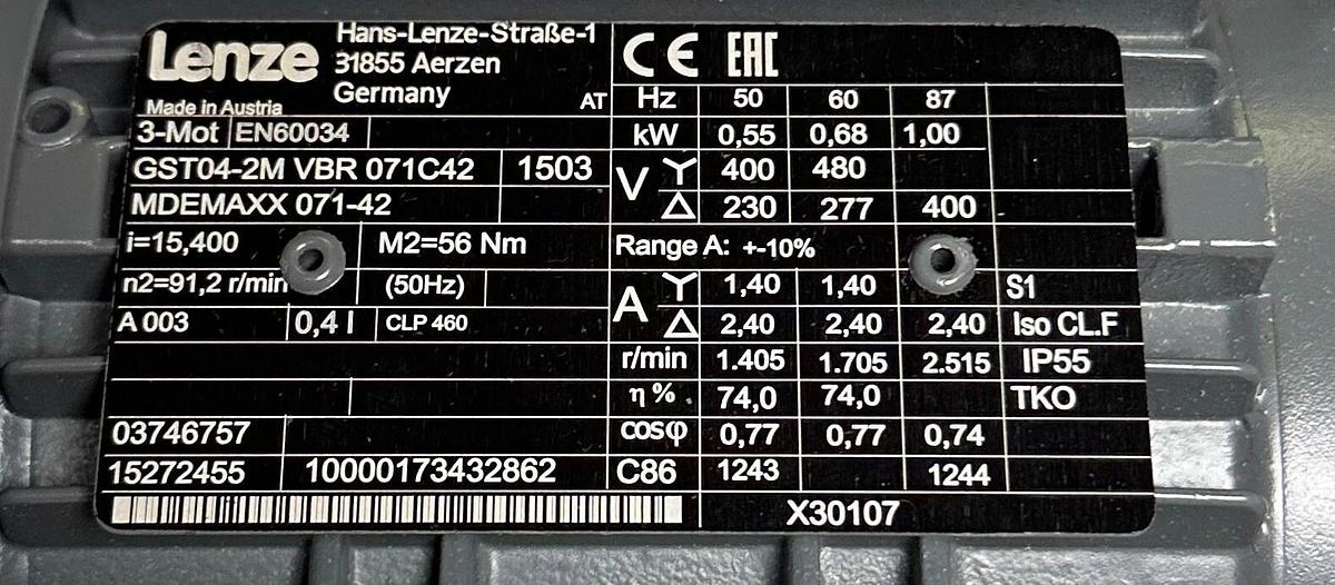 Used LENZE GST04-2M VBR 071C42 / MDEMAXX 071-42 / 15272455 HELICAL GEAR MOTOR USNP