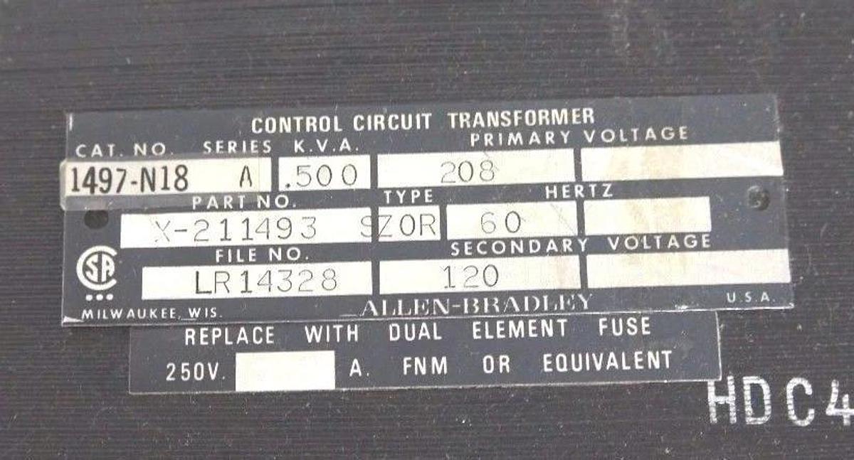 Used ALLEN BRADLEY 1497-N18 SERIES A CONTROL CIRCUIT TRANSFORMER X-211493