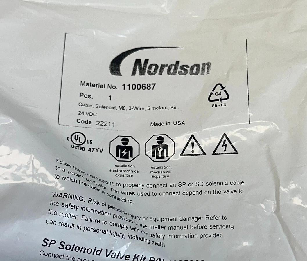 Used 4 NEW SEALED NORDSON 1100687 SOLENOID CABLE KITS M8 3-WIRE 5M 24VDC NSFS
