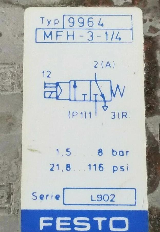 Used FESTO ELECTRIC MFH-3-1/4 SOLENOID VALVE 1.5-8BAR 21-120PSI TYPE: 9964 MFH314