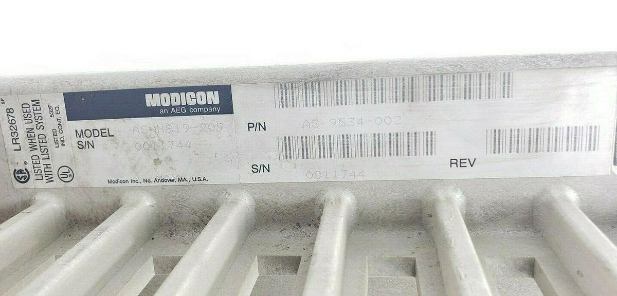 Used MODICON AS-9534-002 984 SERIES 7-SLOT CHASSIS RACK AS-H819-209 W/ WIRING ARMS