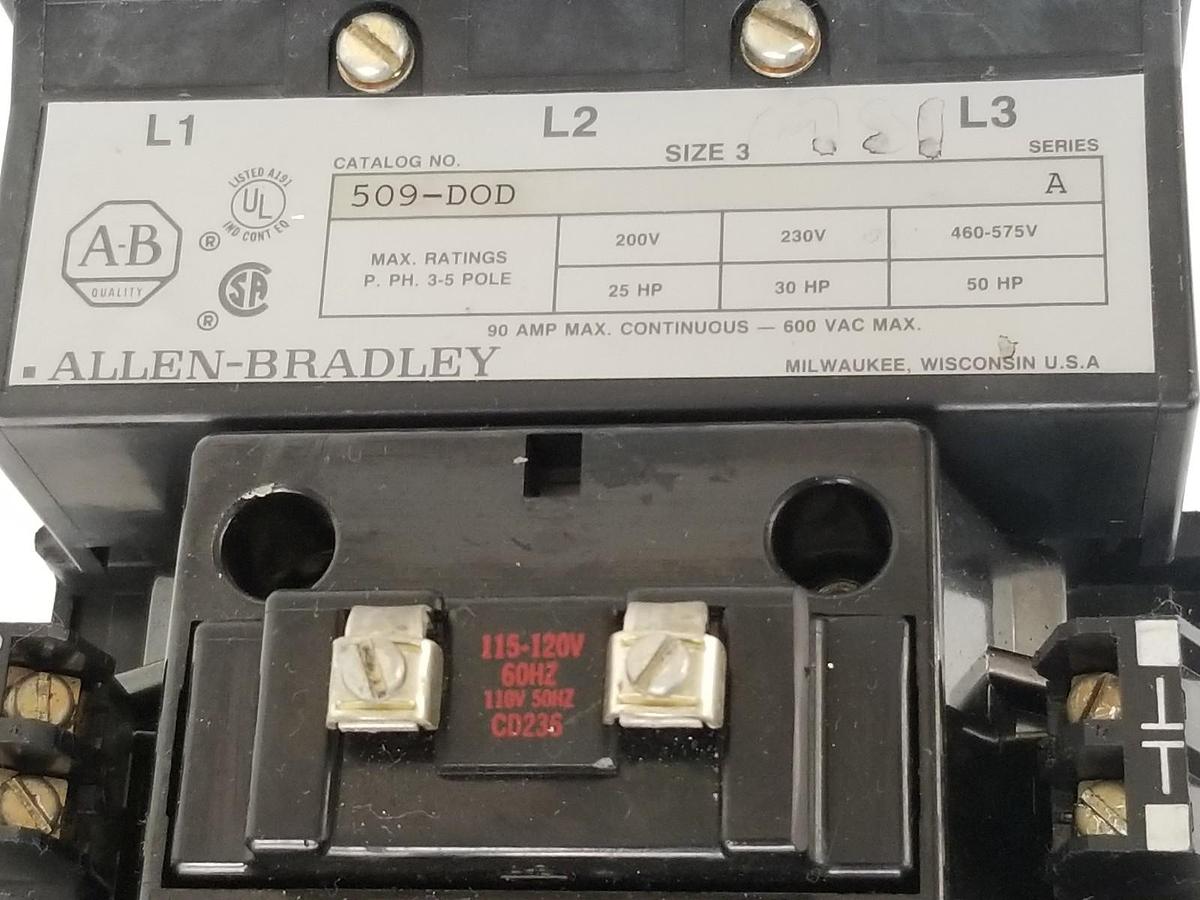 Used ALLEN BRADLEY 509-DOD STARTER SER A, SIZE 3, 90AMP, 600VAC, 509DOD W/ CD236 COIL