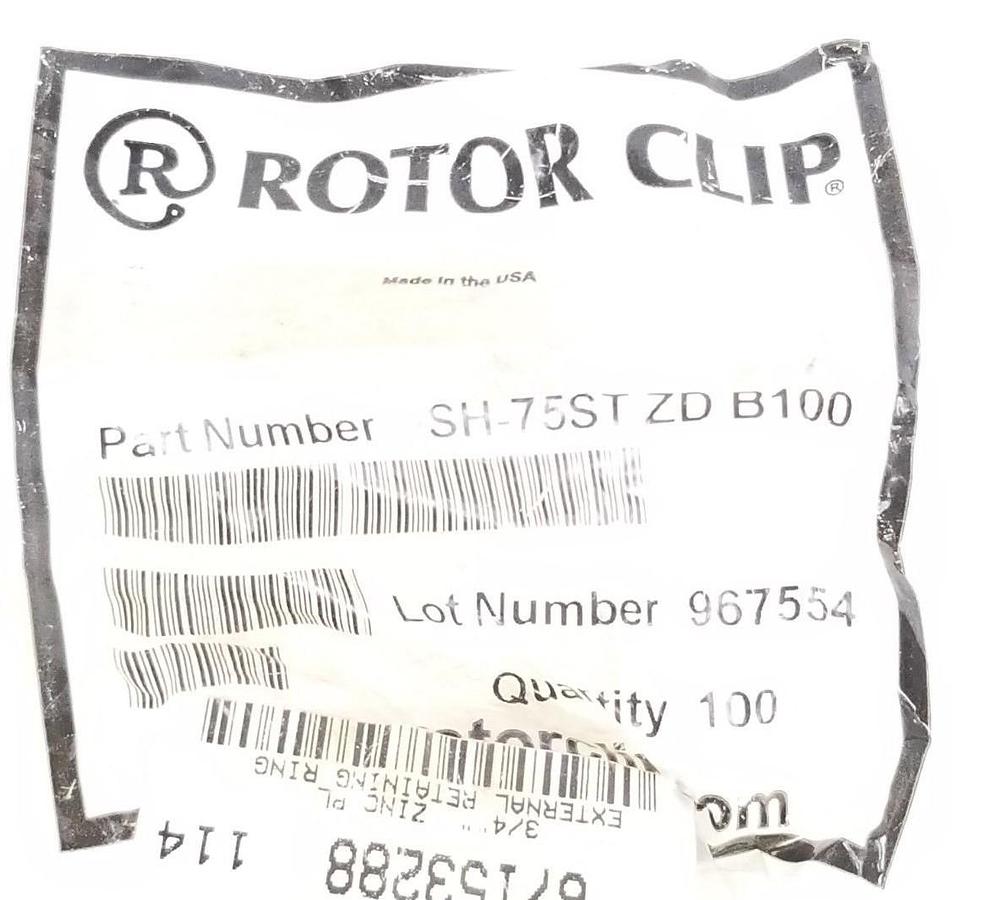 Used LOT OF 96 NEW ROTOR CLIP SH-75ST ZD B100 EXTERNAL RETAINING RINGS, 3/4"