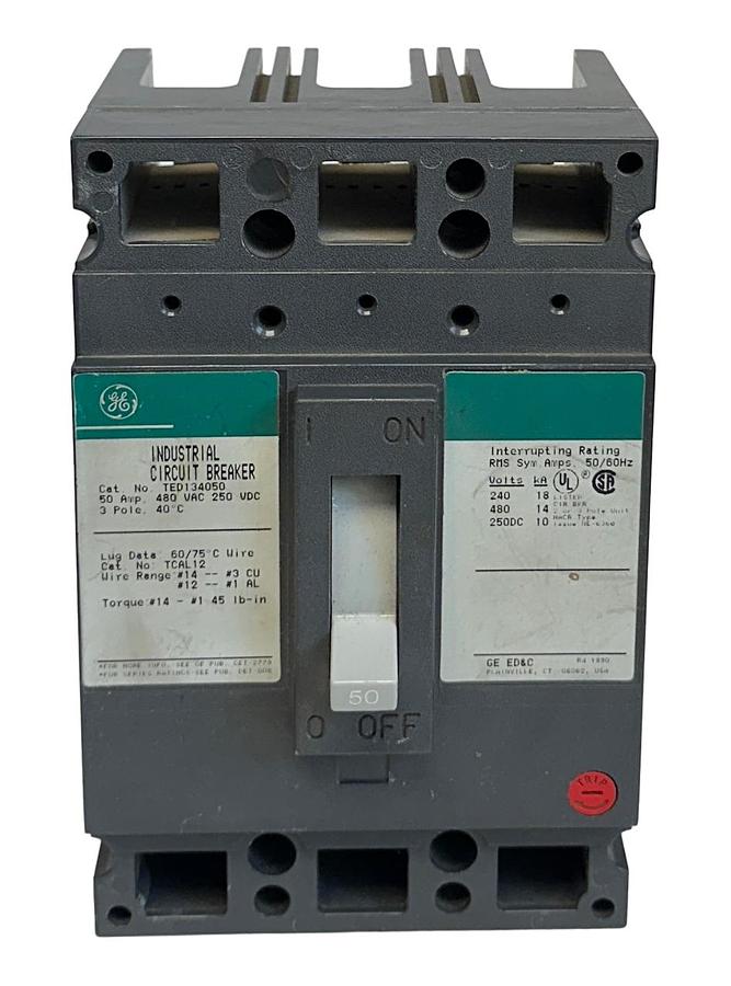 Used GENERAL ELECTRIC TED134050 INDUSTRIAL CIRCUIT BREAKER 50A 480VAC 250VDC 3P NSNP
