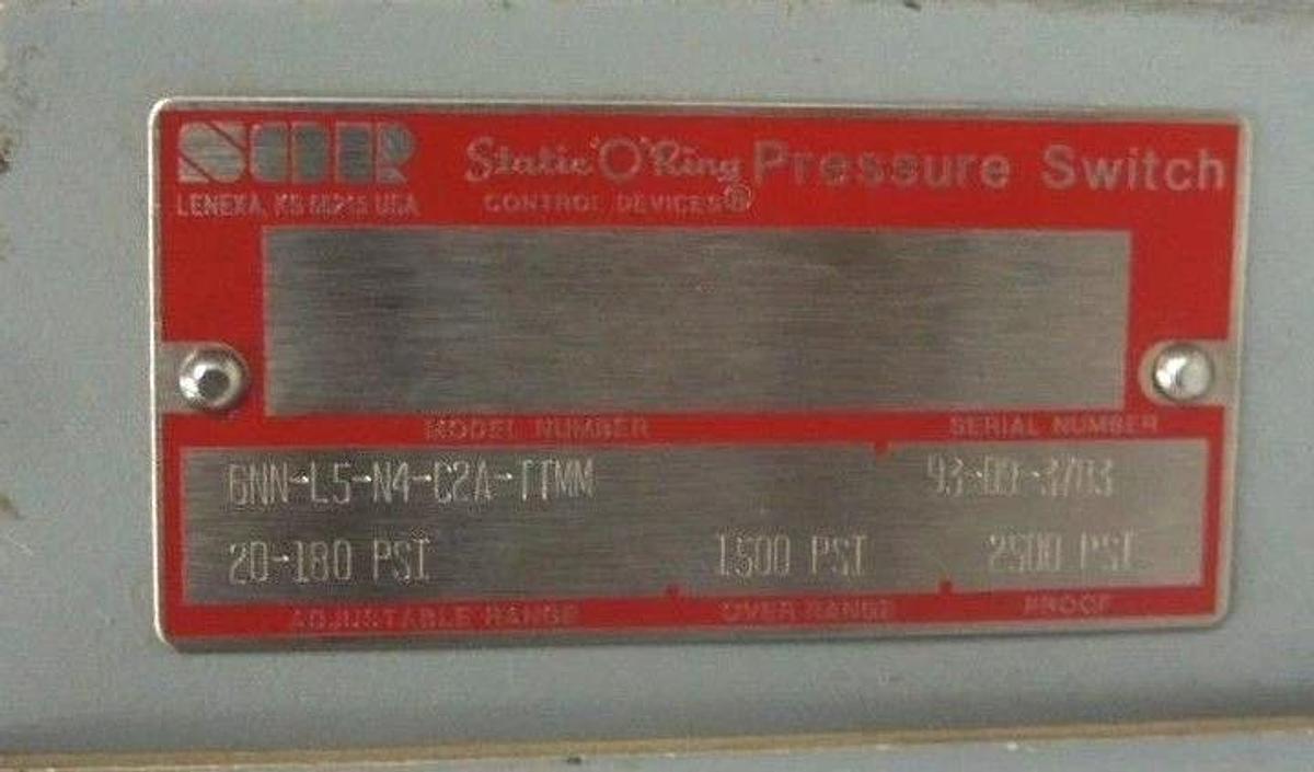 Used SOR GNN-L5-C2A-TTMM CONTROL DEVICE PRESSURE SWITCH 20-180PSI RANGE GNNL5C2ATTMM