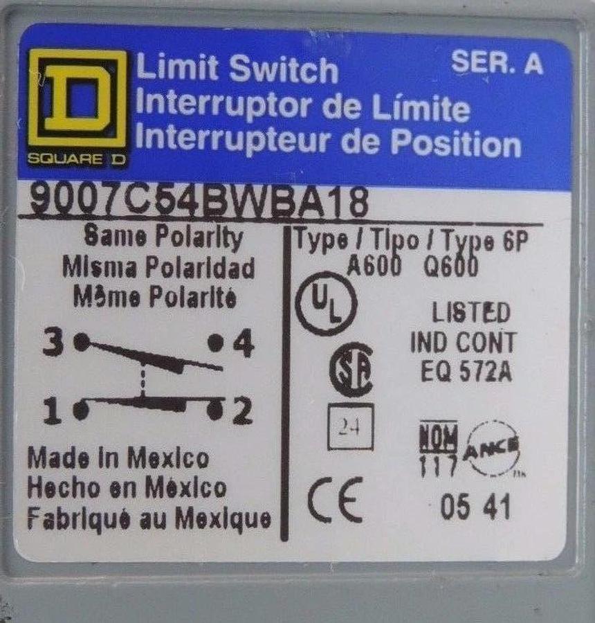 Used SQUARE D 9007C54BWBA18 LIMIT SWITCH SER A W/ 9007 TYPE B OPERATING HEAD
