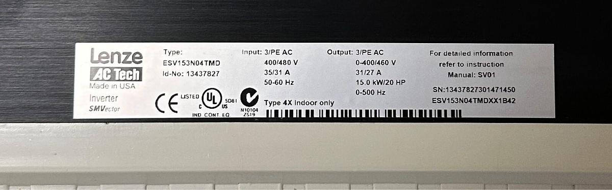 Used LENZE AC TECH 13437827 / ESV153N04TMD SMVector DRIVE 15kW/20HP 400/480V 3PH NSMP