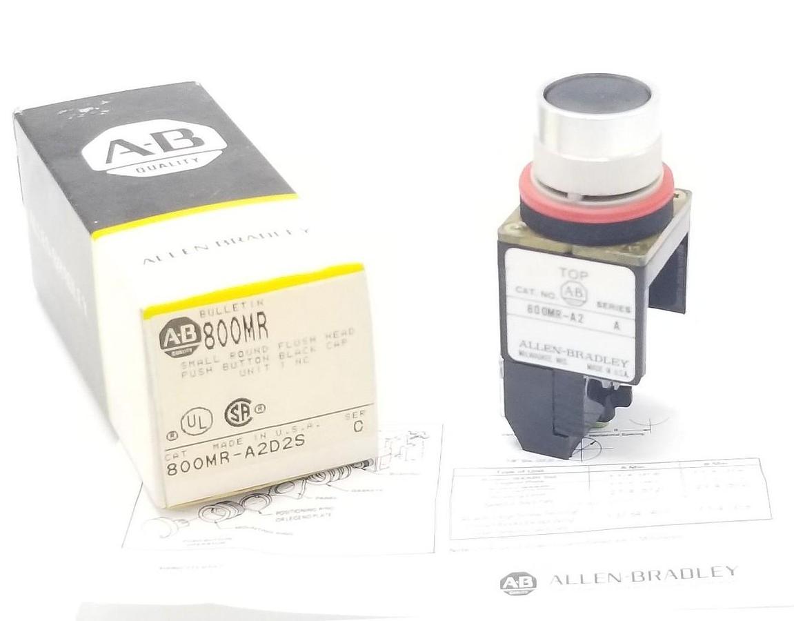 Used NIB ALLEN BRADLEY 800MR-A2D2S SMALL ROUND FLUSH HEAD PUSHBUTTON SER. C BLACK CAP